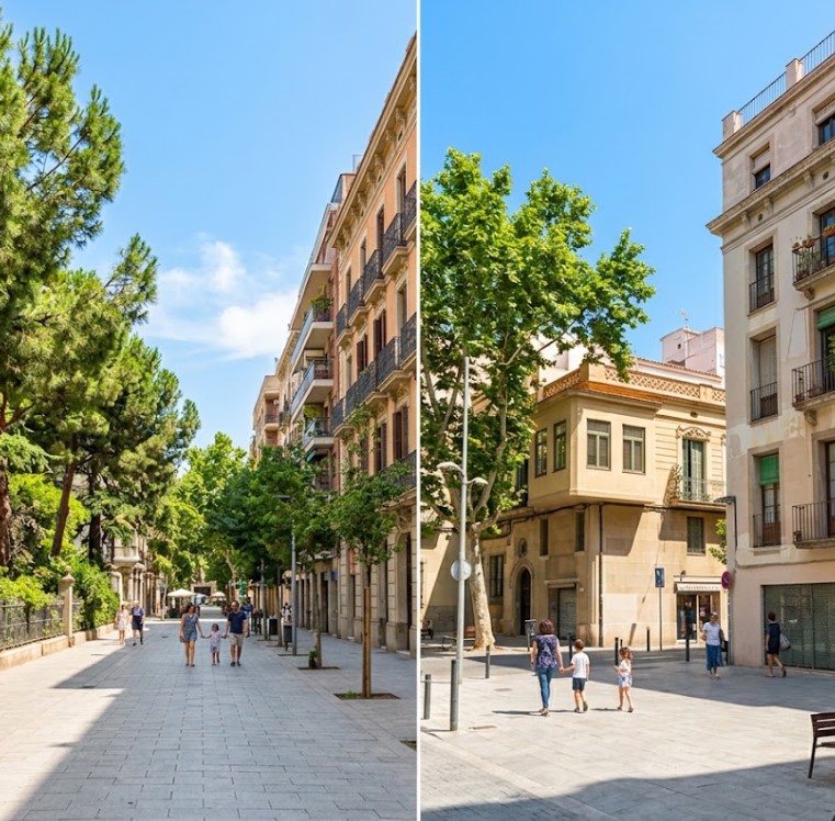 Vistas de las calles tranquilas, zonas verdes y arquitectura elegante en El Putxet i el Farró, Barcelona